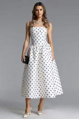 Kerina Wang - Gregorio Elegant Tailored Strapless Polka Dot Maxi Dress - Bella Barnett