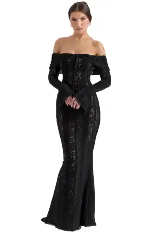 Kerina Wang - Belle Off the Shoulder Long Sleeve Maxi Dress - House of CB