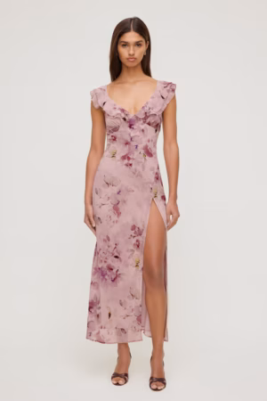Kerina Wang - Floral Ruffle V Neck Maxi Dress - Dynamite Clothing