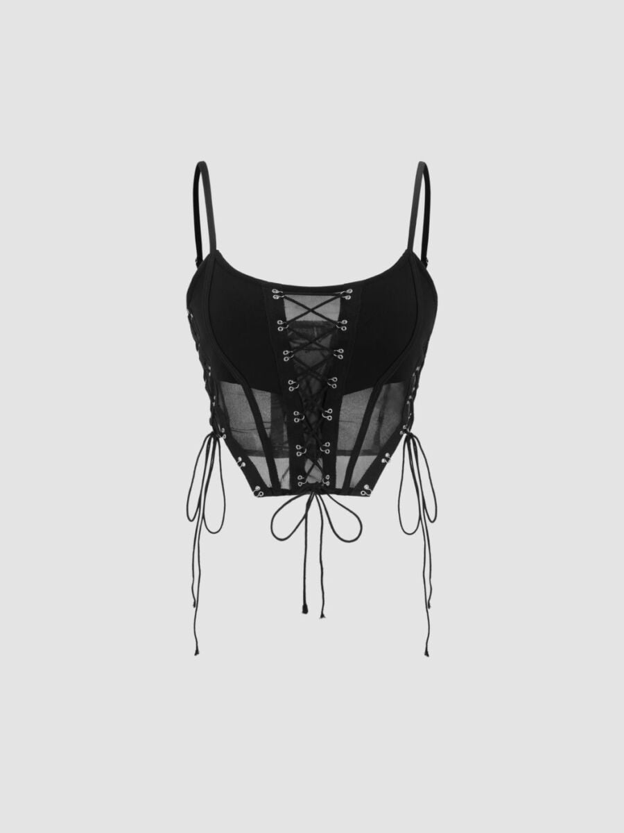 Mesh Scoop Neckline Solid Corset Lace Up Cami Crop Top – Cider