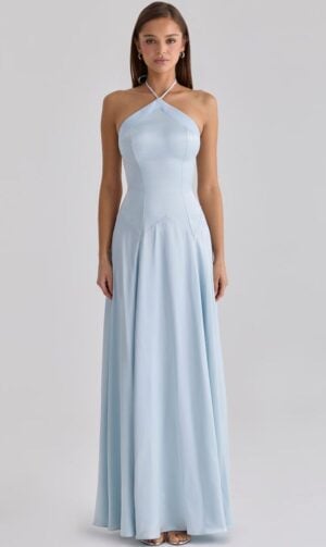 Avelina blue satin halter neck godet maxi dress