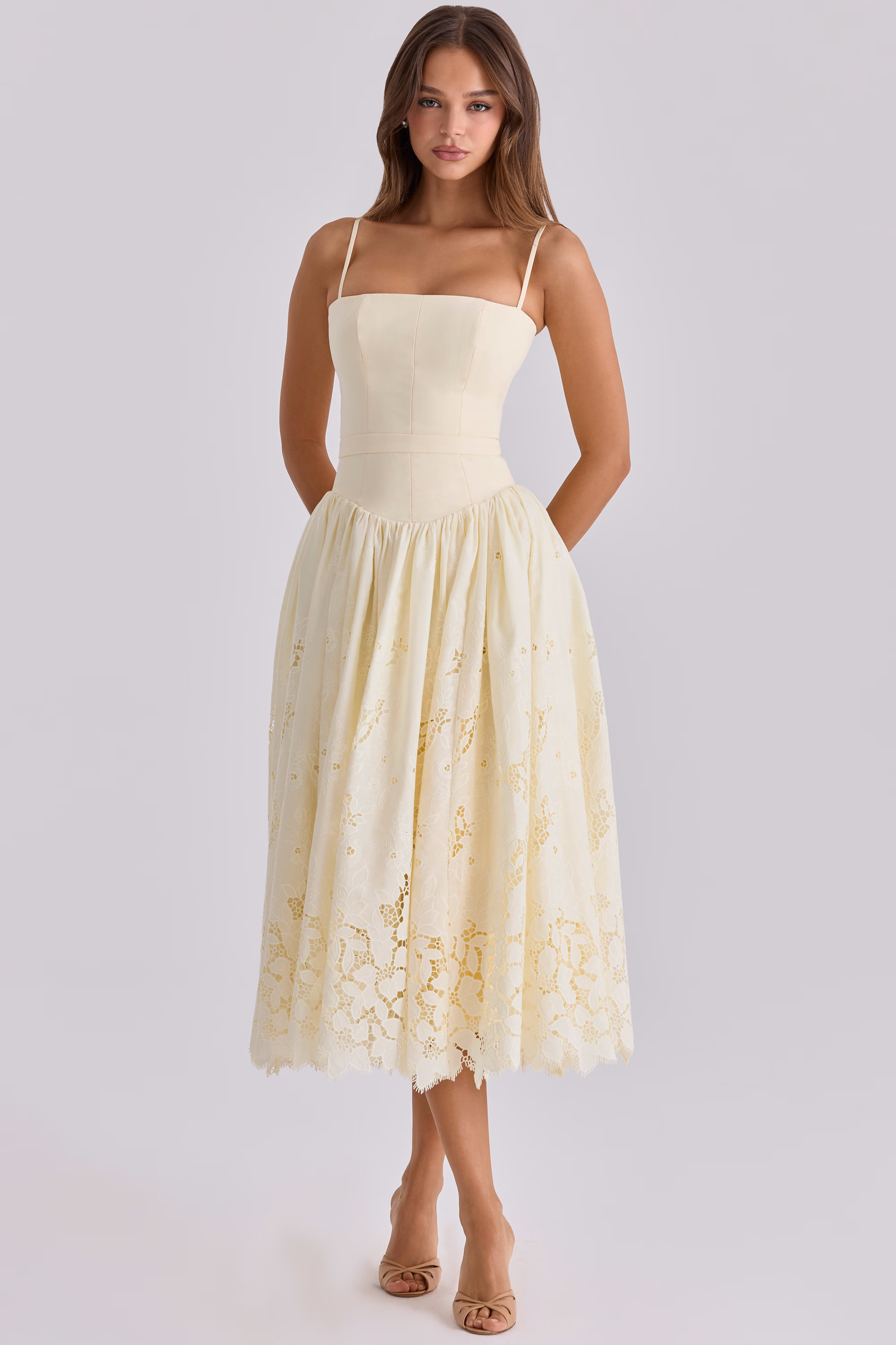 Ysabella Lemon Custom Lace + Broderie Anglaise Midi Sundress – House of CB