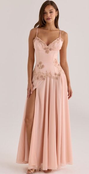 Saloma  blush satin custom hand beaded embellished maxi dress – limited edition