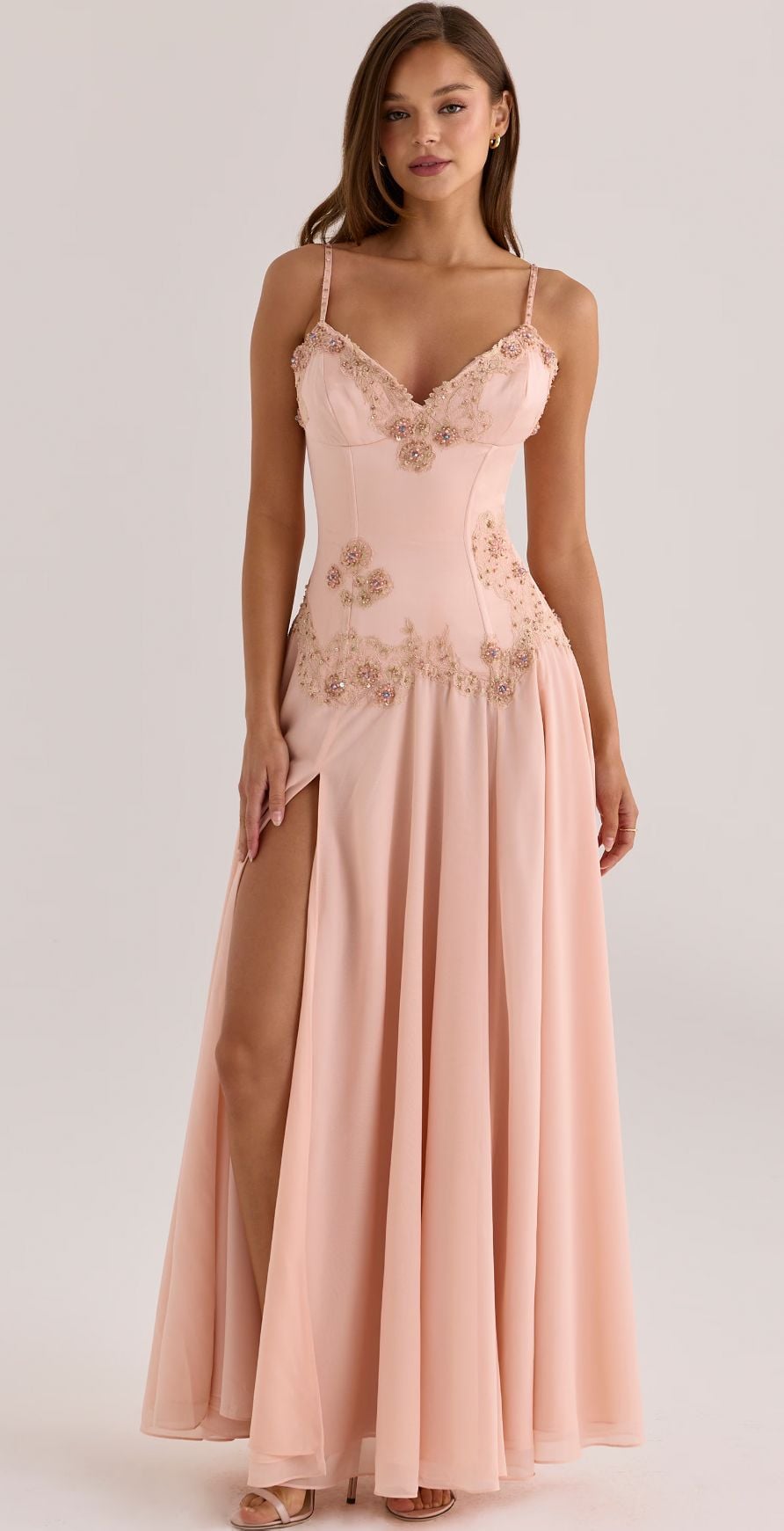 Kerina Wang - Saloma blush satin custom hand beaded embellished maxi dress - limited edition