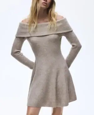 Rib-Knit Off-the-Shoulder Dress – H&M – Beige melange (xxs)