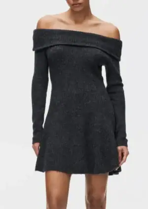 Rib-Knit Off-the-Shoulder Dress – H&M – dark gray melange  (xxs)