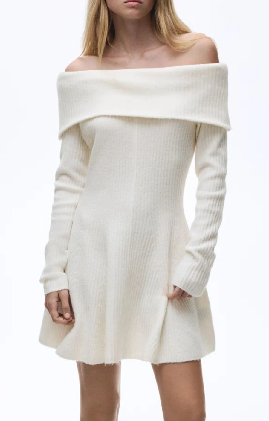 Kerina Wang - Rib-Knit Off-the-Shoulder Dress - H&M - cream