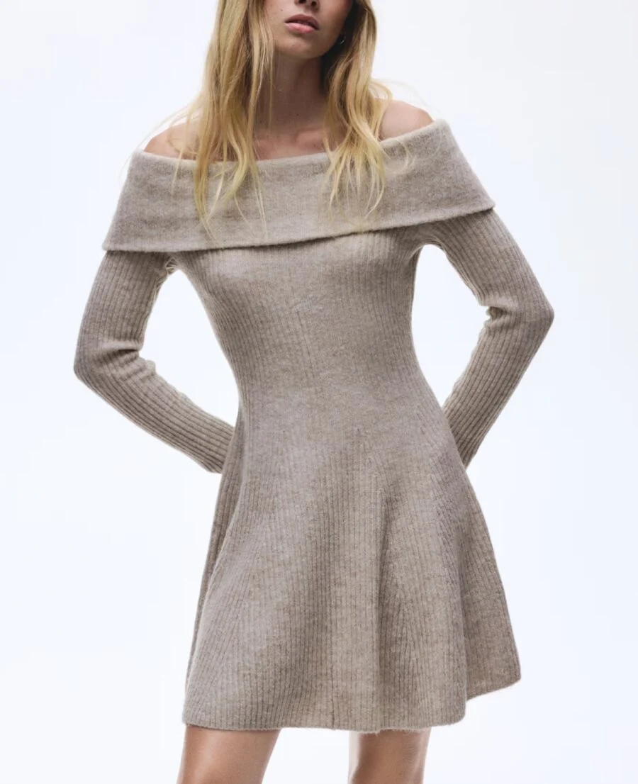Kerina Wang - Rib-Knit Off-the-Shoulder Dress - H&M - Beige melange
