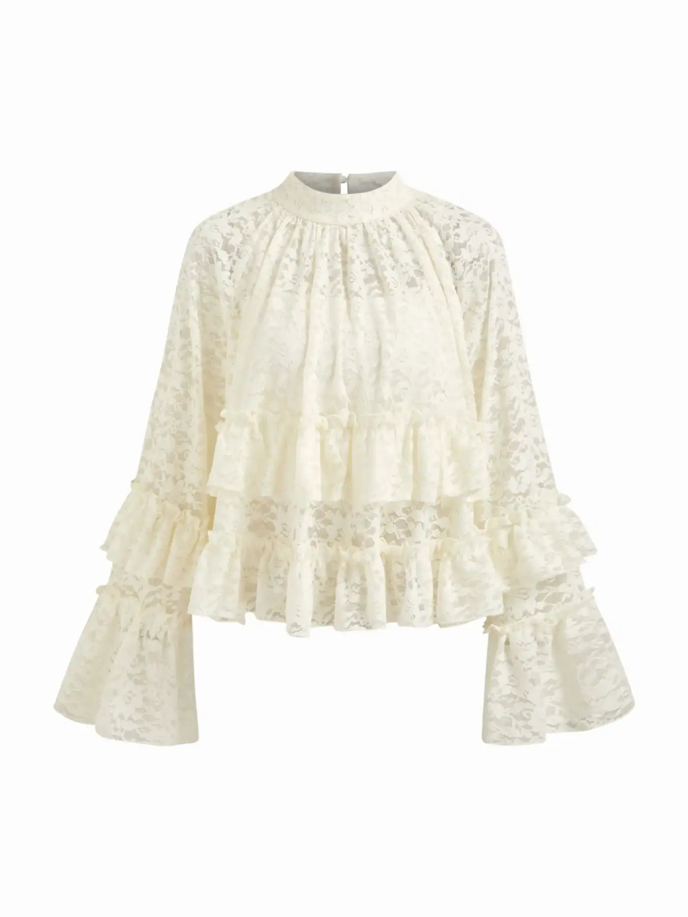 Two Piece Lace Floral Stand Collar Flare Sleeve Ruffle Blouse With Cami Top – Cider – Cream
