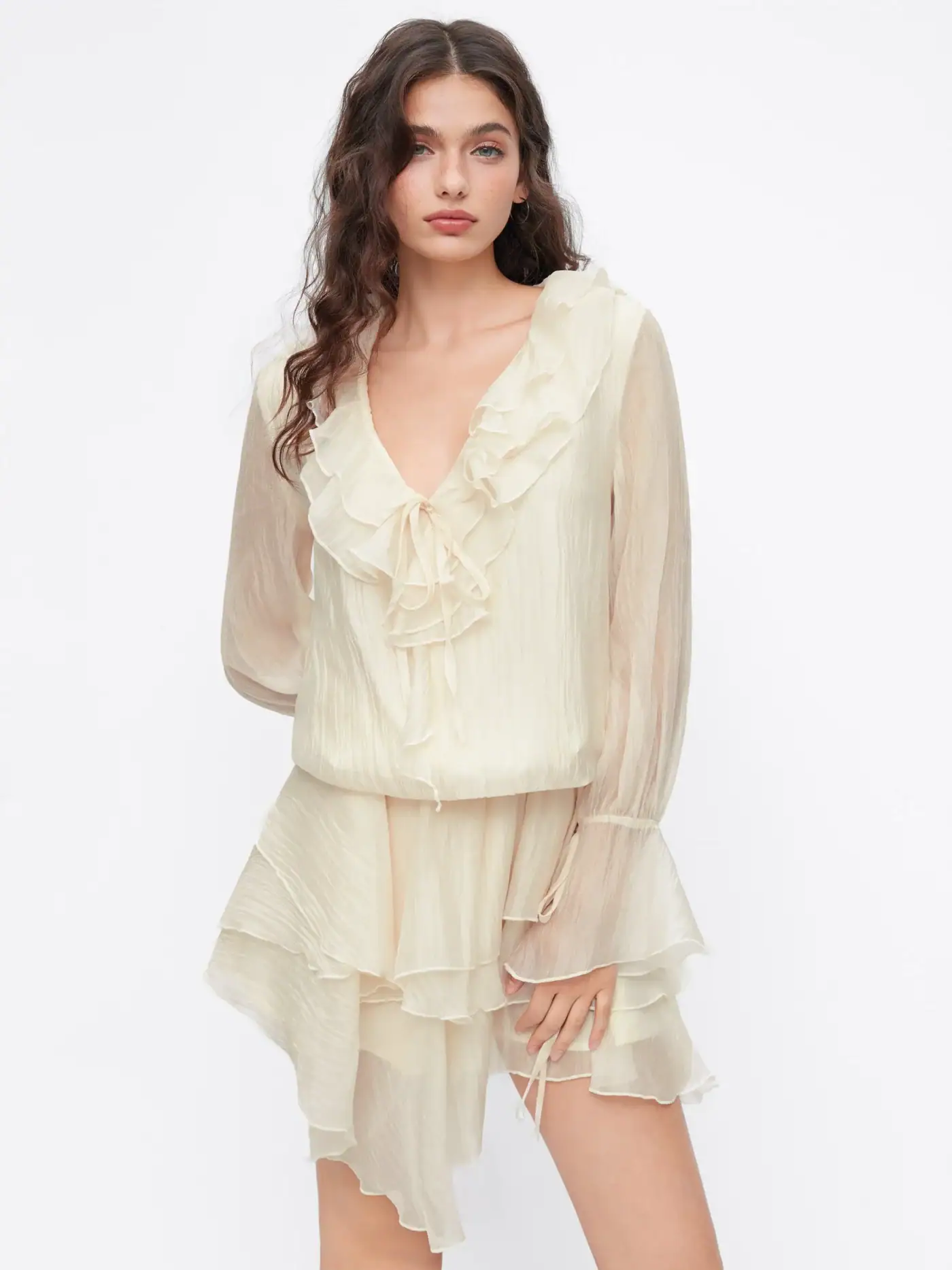 Chiffon V-neck Lantern Sleeve Ruffle Knotted Asymmetrical Hem Mini Dress – Cider – Cream