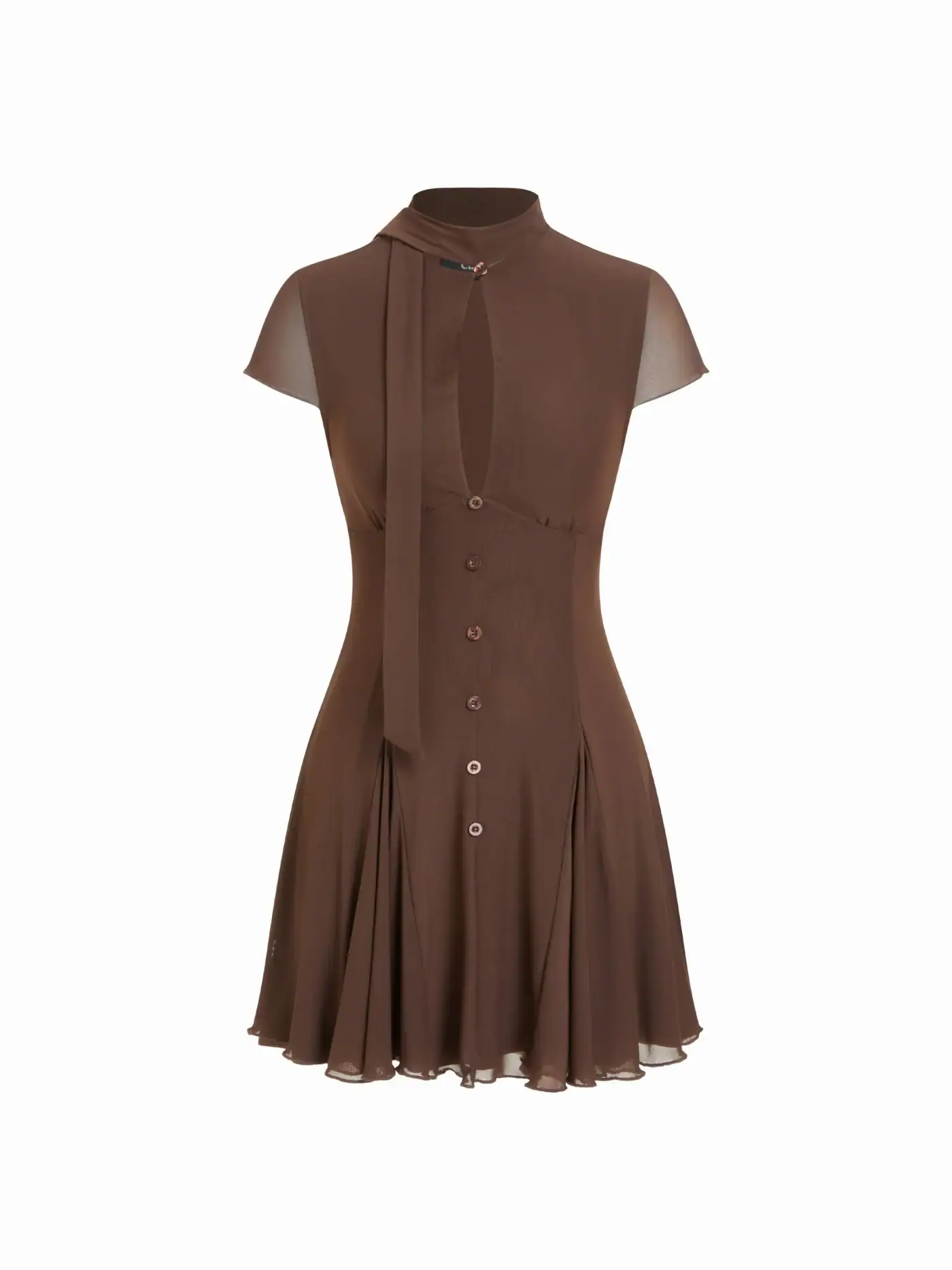 Mesh High Neck Short Sleeve Draped A-line Mini Dress With Scarf – Cider – Coffee