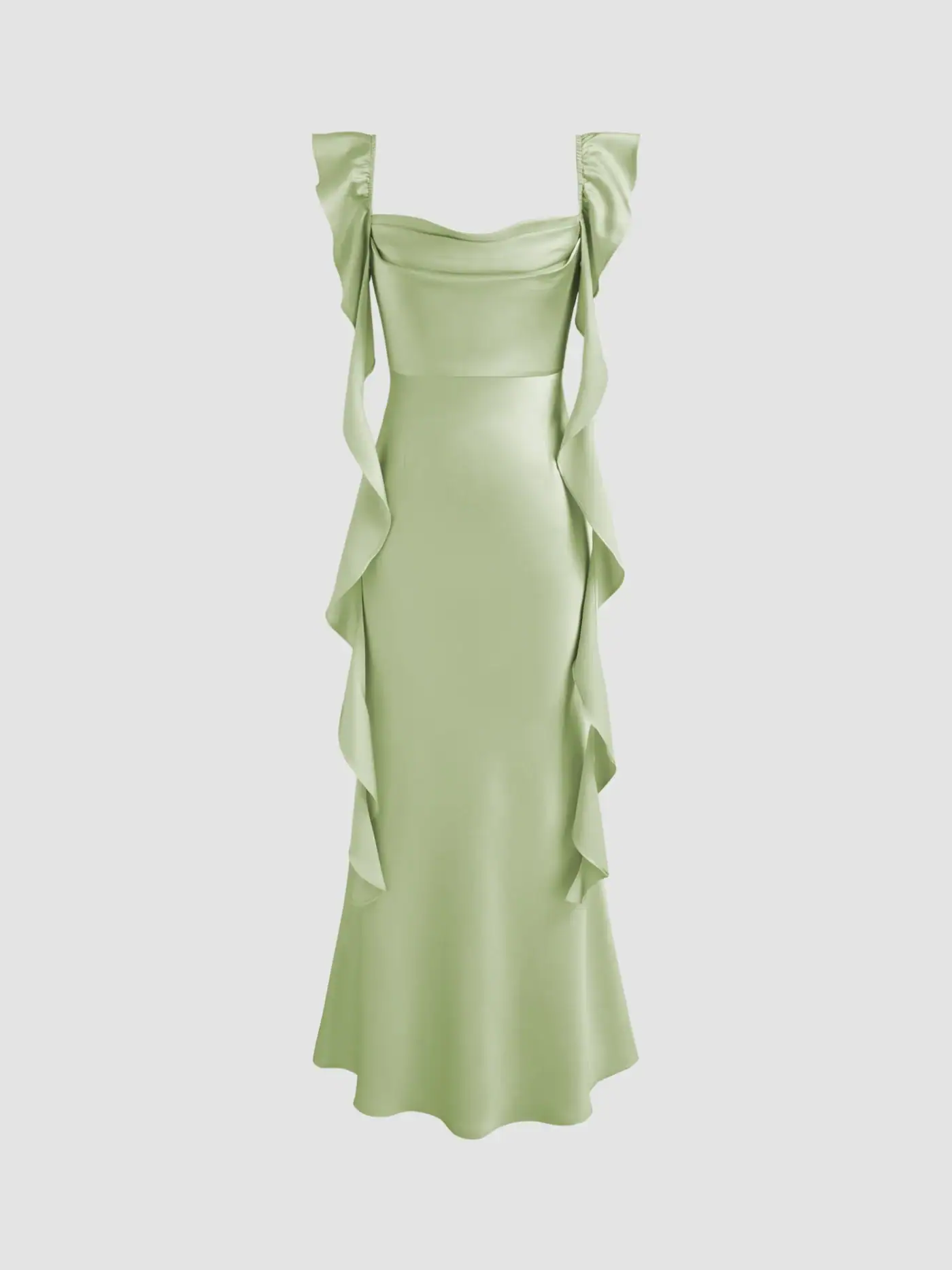 Satin Cowl Neck Solid Ruffle Hem Maxi Dress – Cider – Pale Green