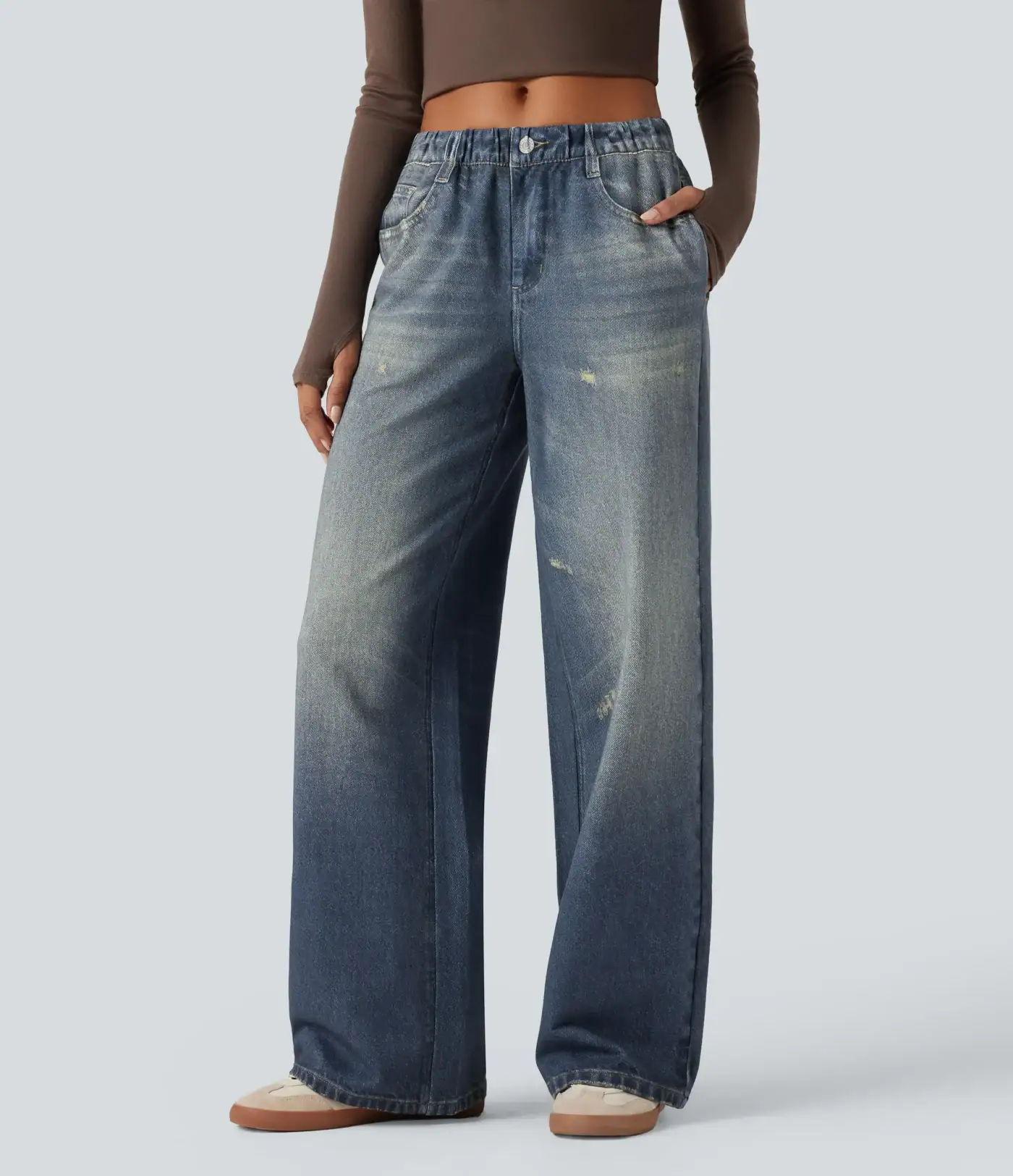 Mid Rise Denim Print French Terry Casual Sweatpants Jeans with Pockets – Halara – Dutch Blue Denim