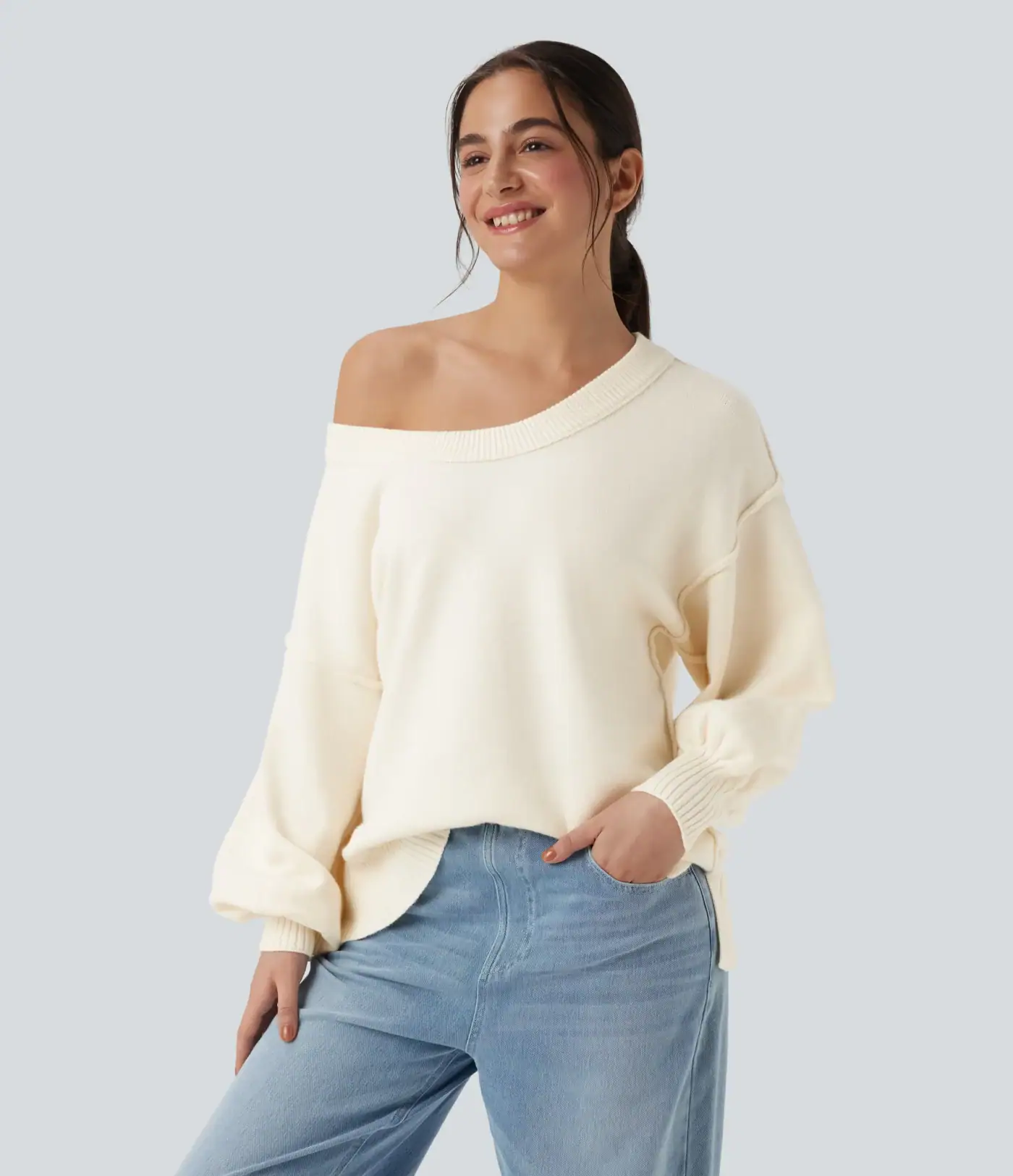 V Neck Dropped Shoulder Long Sleeve Split Casual Sweater – Halara – Gardenia