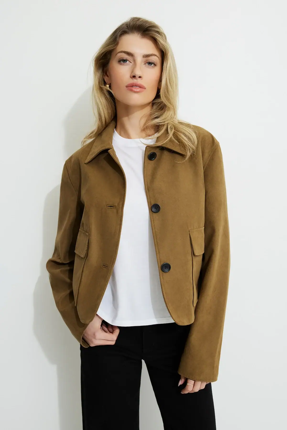 Cropped Faux Suede Jacket - Dynamite - Brown