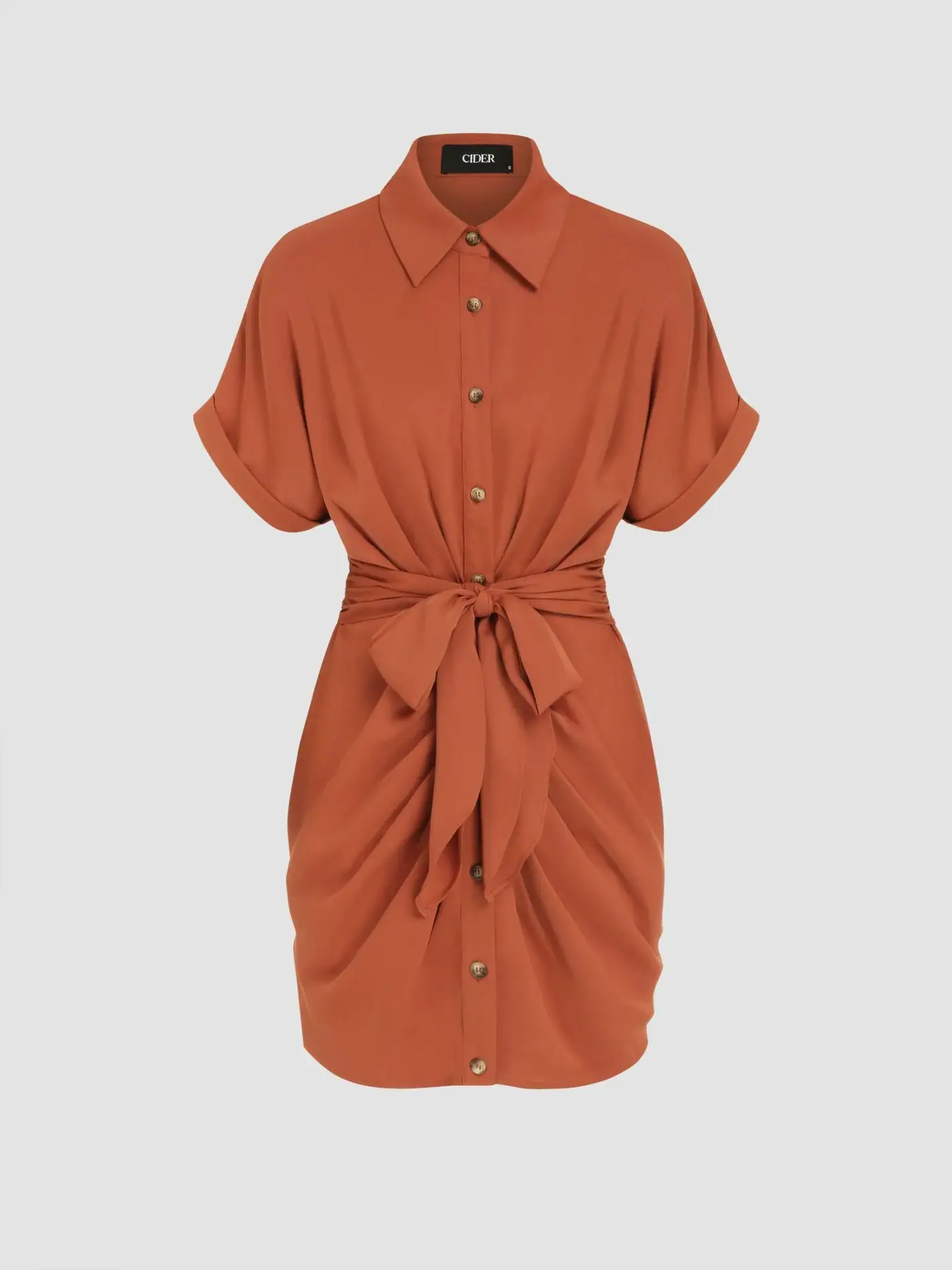 Collar Button Bowknot Mini Shirt Dress - Cider - Brown