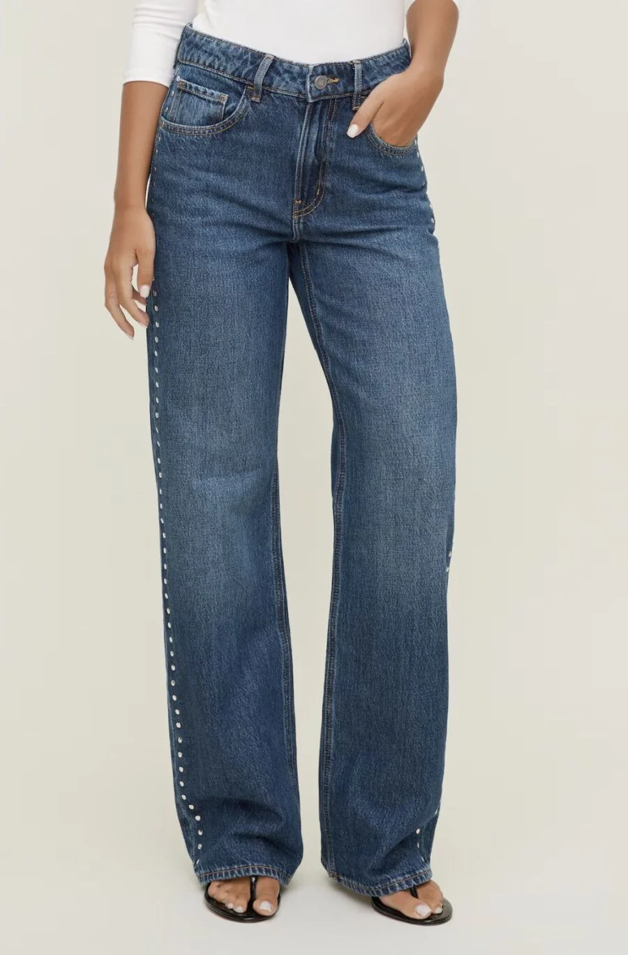 Kerina Wang - Heidi High Rise Wide Leg Jeans - Dynamite - Medium Indigo / Studded Blue Horizon
