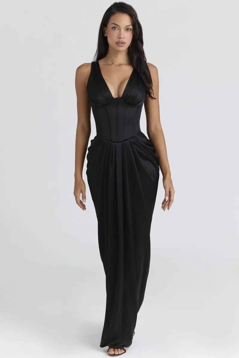 Kerina Wang - Angeline Black Satin Hourglass Maxi Dress - Limited Edition - House of CB