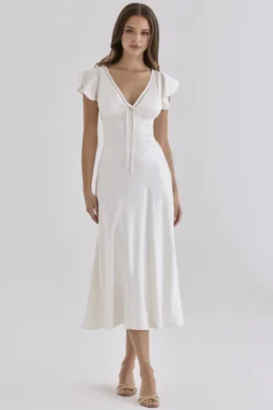 Ravella Ivory Real Silk V-Neck Midi Tea Dress – House of CB