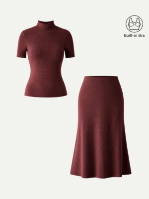 2Pcs Set Mockneck Short Sleeve Bra Top & Pull-On Midi Skirt – OGL