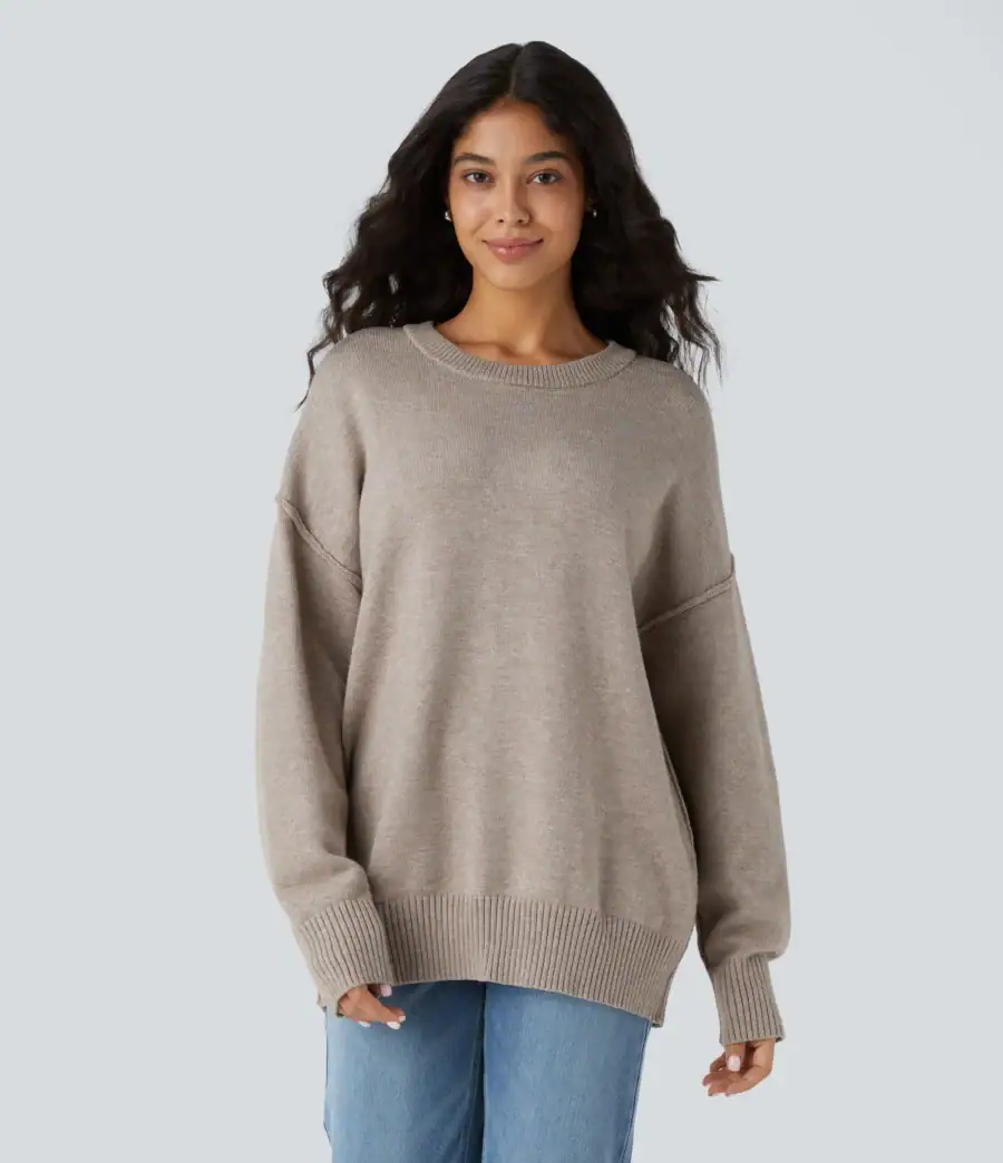 Round Neck Dropped Shoulder Long Sleeve Casual Sweater – halara