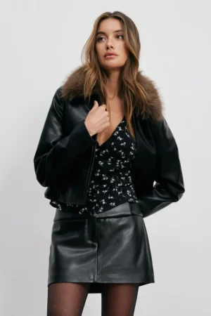 Faux Fur Collar Faux Leather Jacket – Dynamite – Jet Black