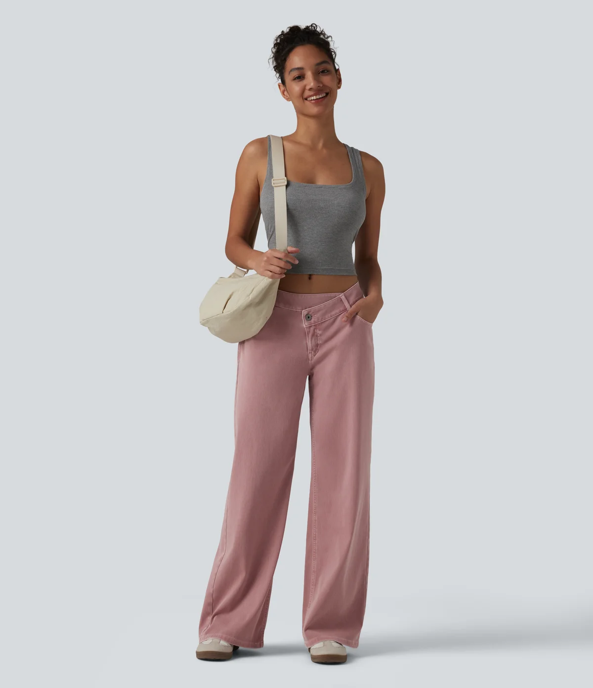 Kerina Wang - Halara Flex™ Asymmetric Low Rise Wide Leg Colorful Casual Jeans with Pockets - Halara - Romance Rose