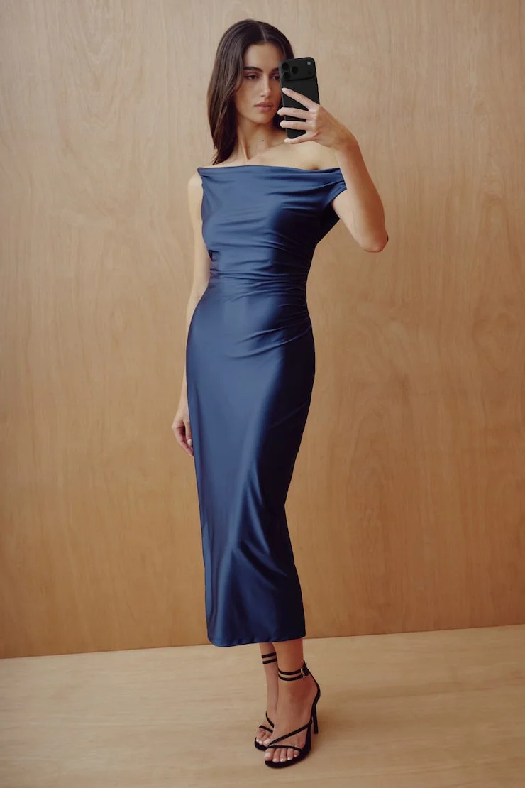 Jayde Stretch Satin Midi Dress – Dynamite – Ocean Cavern Navy