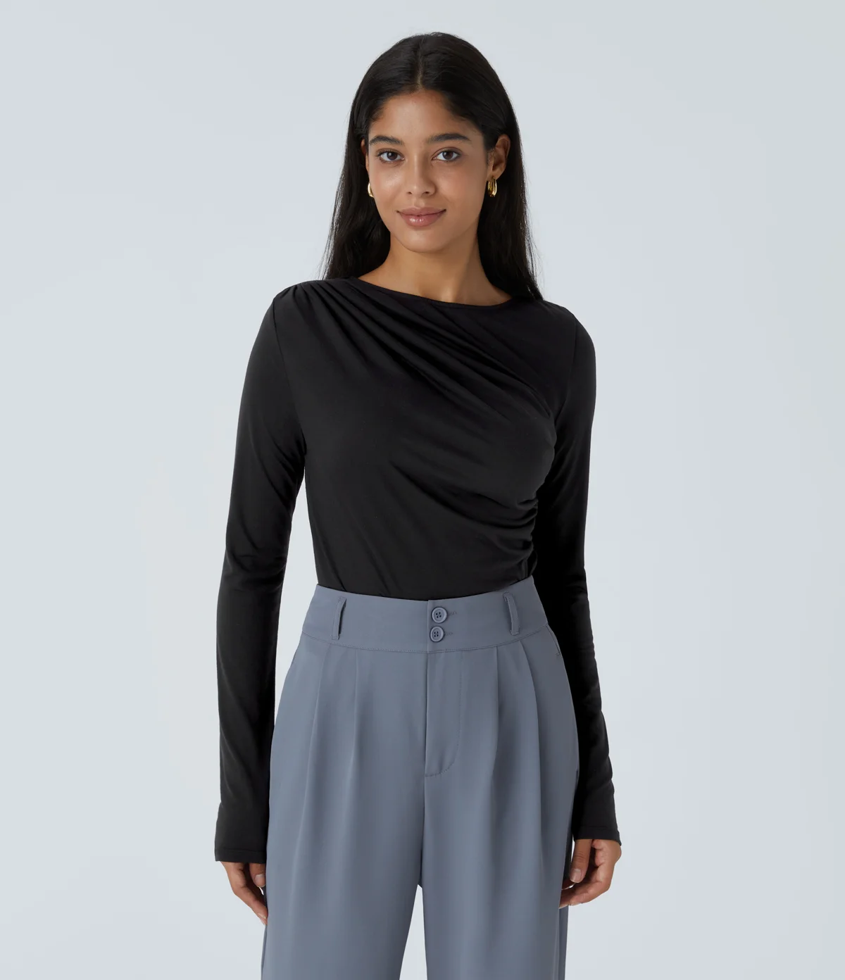 Kerina Wang - Long Sleeve Asymmetric Ruched Work Top - Halara - Black