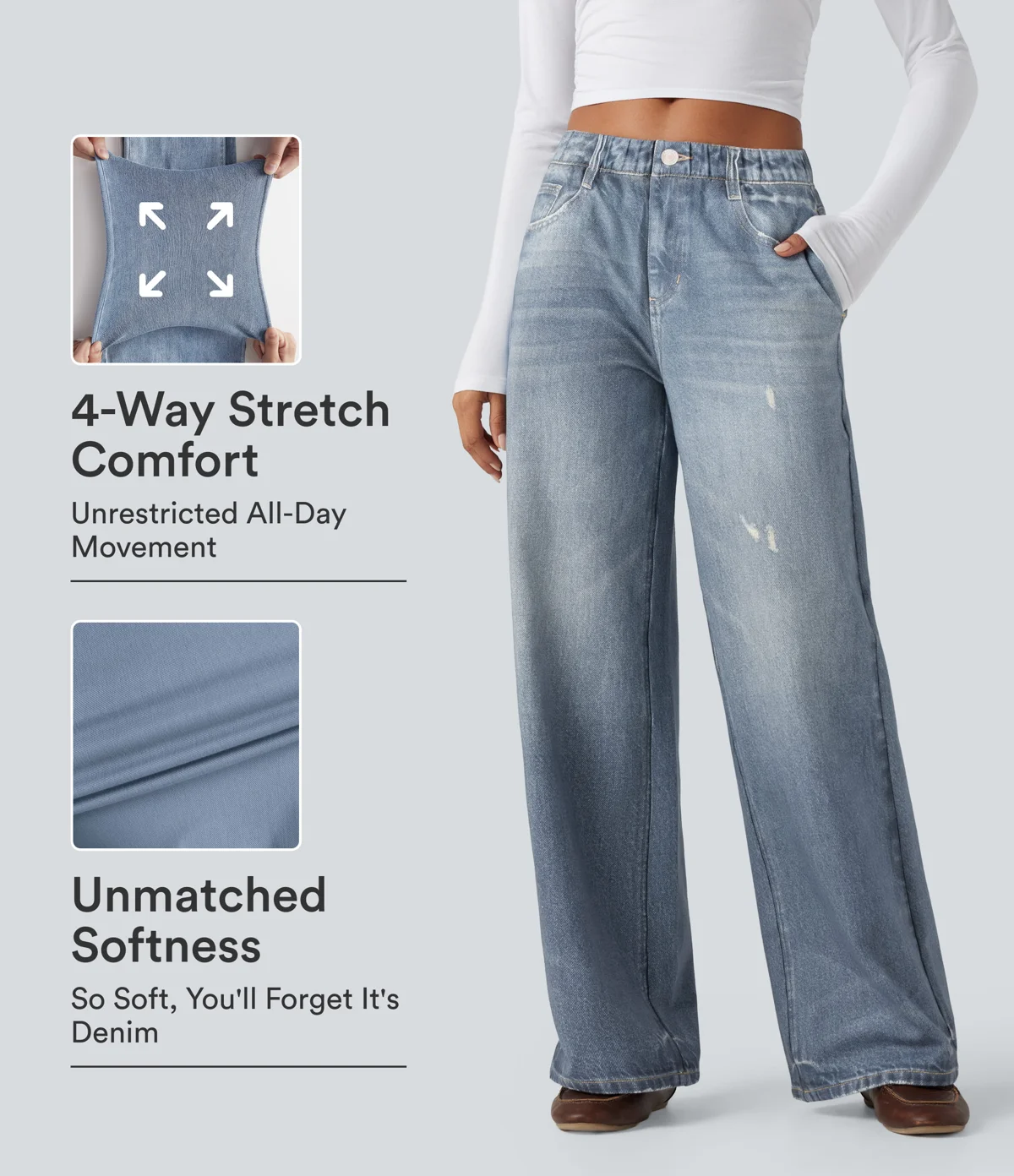 Kerina Wang - Mid Rise Denim Print French Terry Casual Sweatpants Jeans with Pockets - Halara - Light Ocean Denim