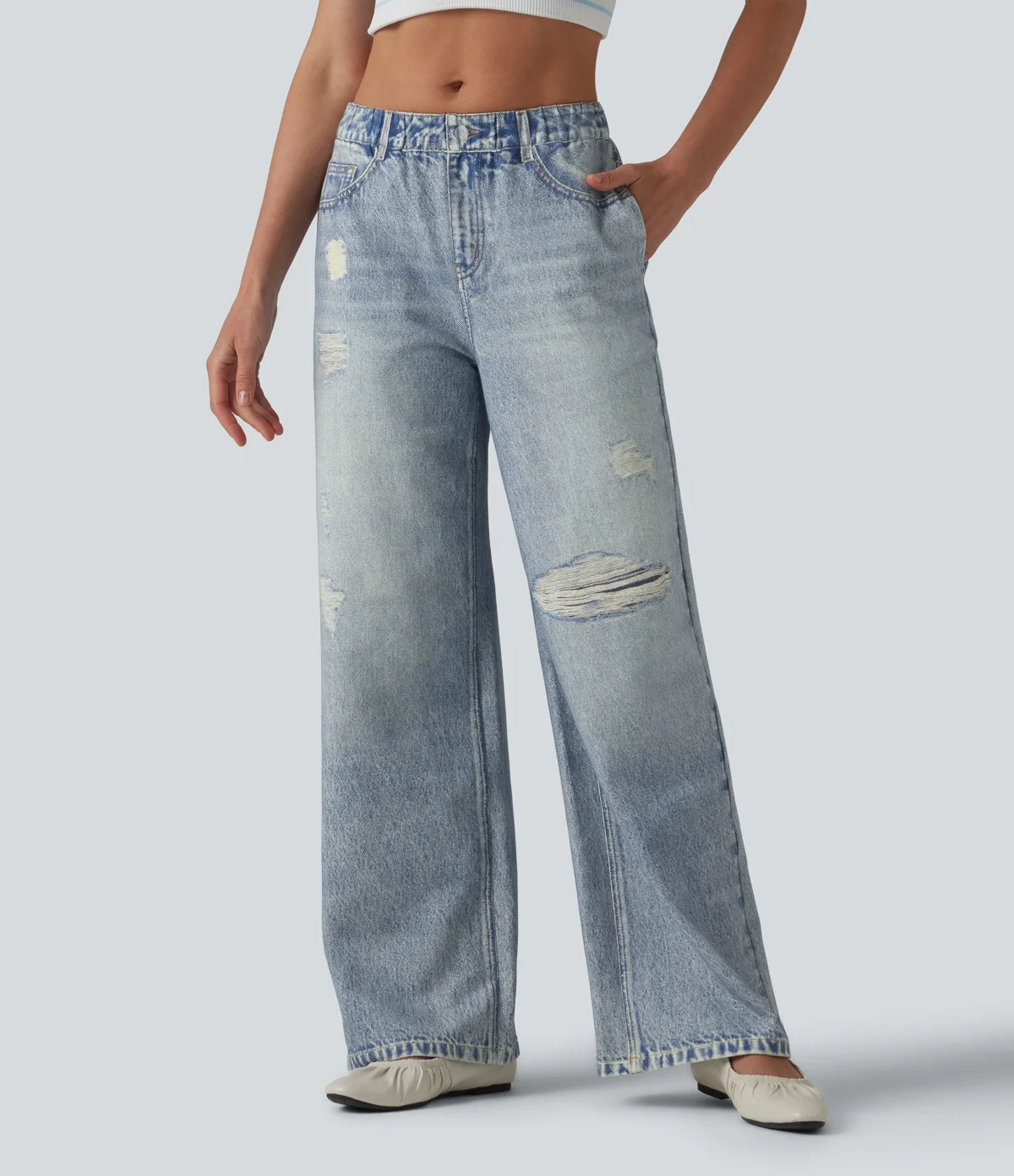 Kerina Wang - Mid Rise Denim Print French Terry Casual Sweatpants Jeans with Pockets - Halara - Soft Breeze Blue