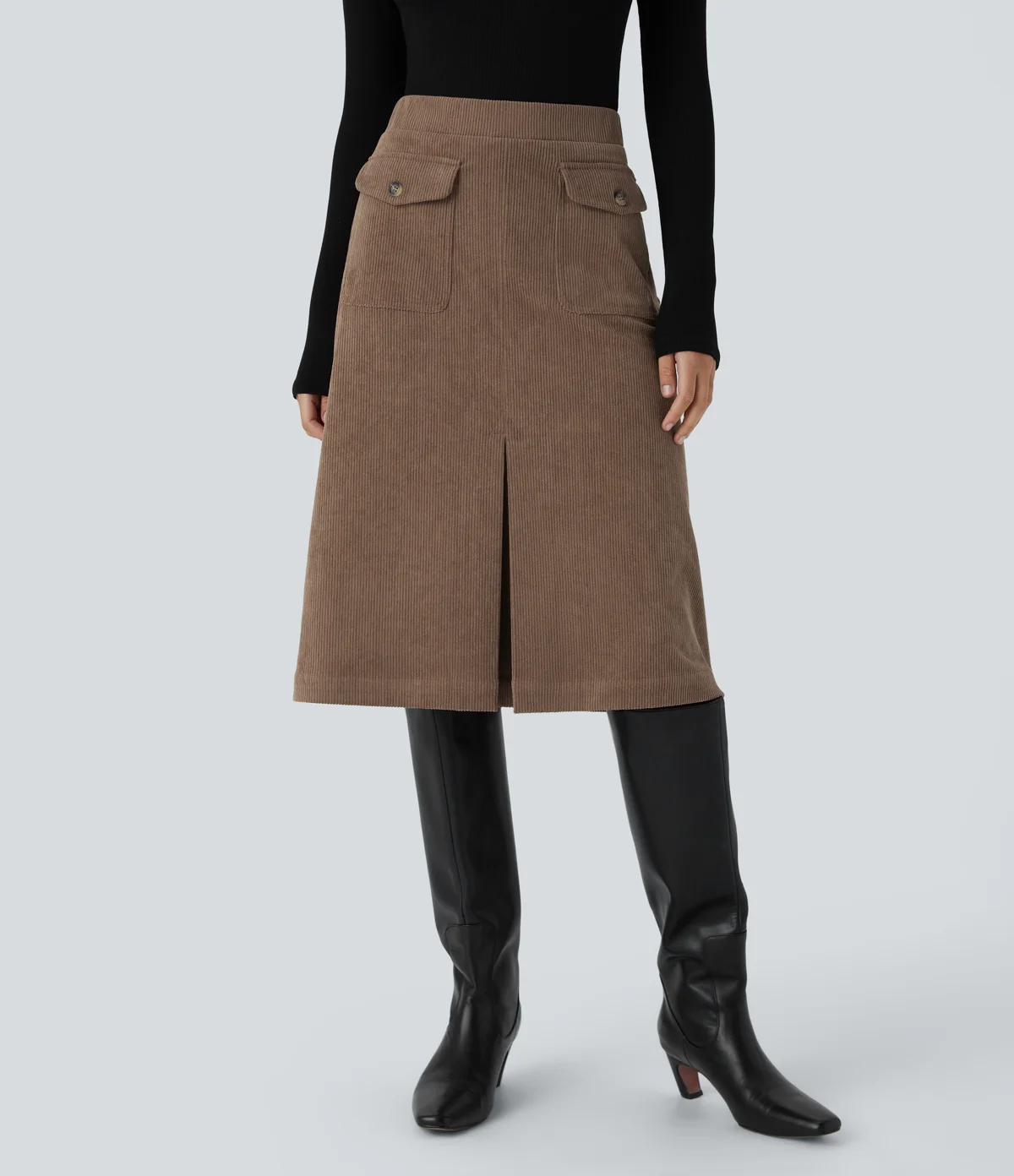 Kerina Wang - Mid Rise Front Side Flap Pocket Midi Corduroy Casual Skirt - Halara - Acorn