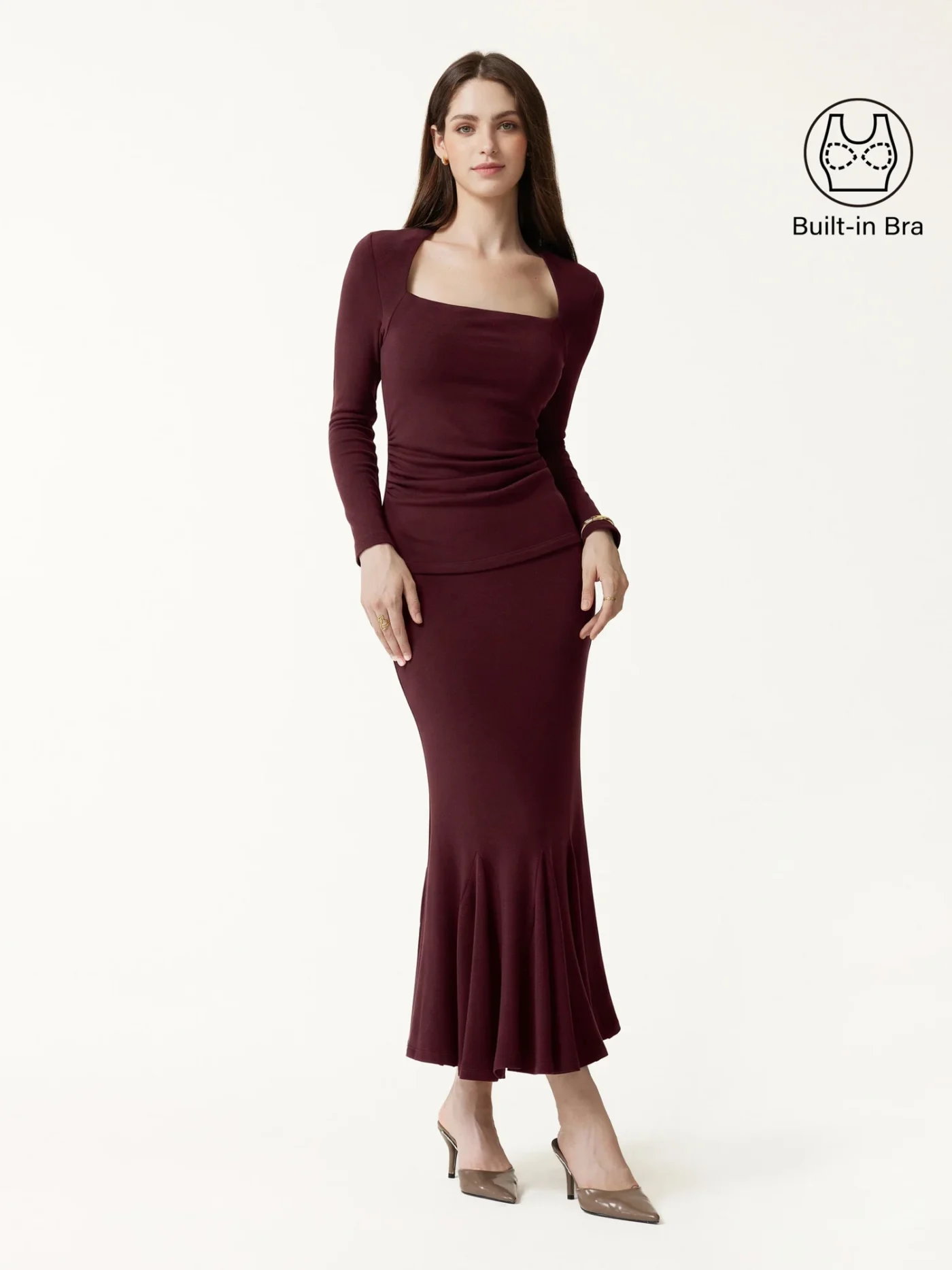 2Pcs Set ProWarm Trapeze Neck Ruched Bra Top & Mermaid Midi Skirt – OGL – Ruby Red