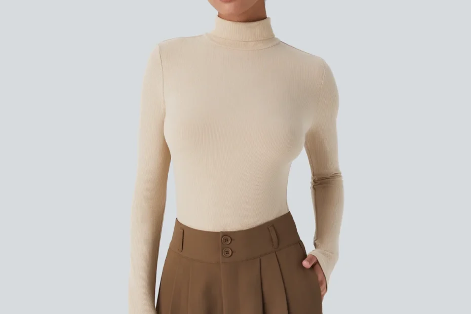 Kerina Wang - Ribbed Knit High Collar Long Sleeve Casual Top - Halara - Tapioca