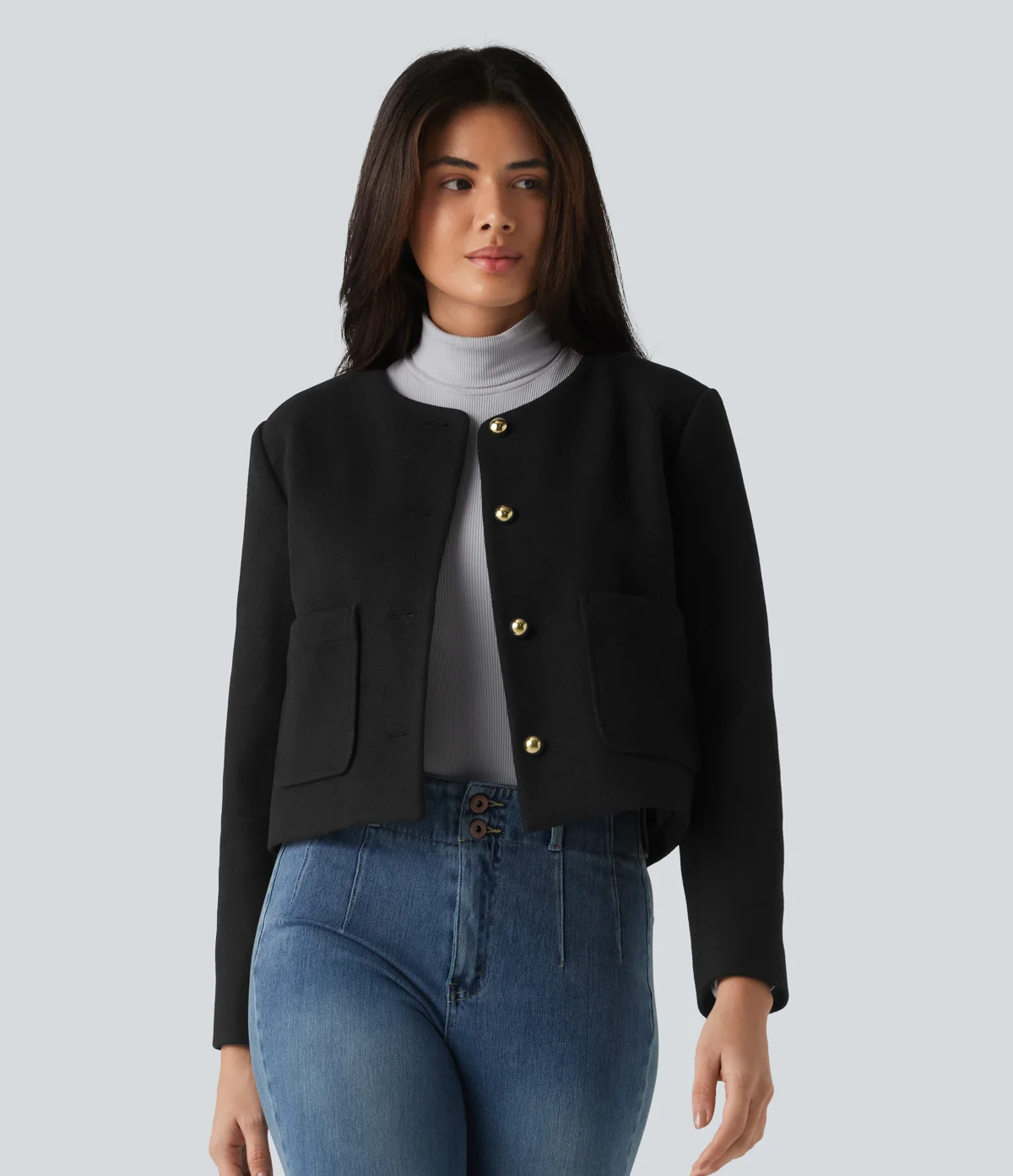 Kerina Wang - Round Neck Button Fly Work Jacket with Pockets - Halara - Black