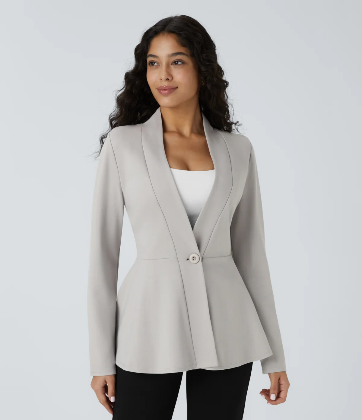 Kerina Wang - V Neck Single Front Work Peplum Jacket - Halara - Earthy Gray